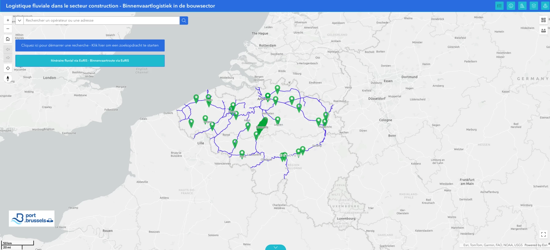 Carte interactive localisant les acteurs du transport fluvial de matériaux en Belgique